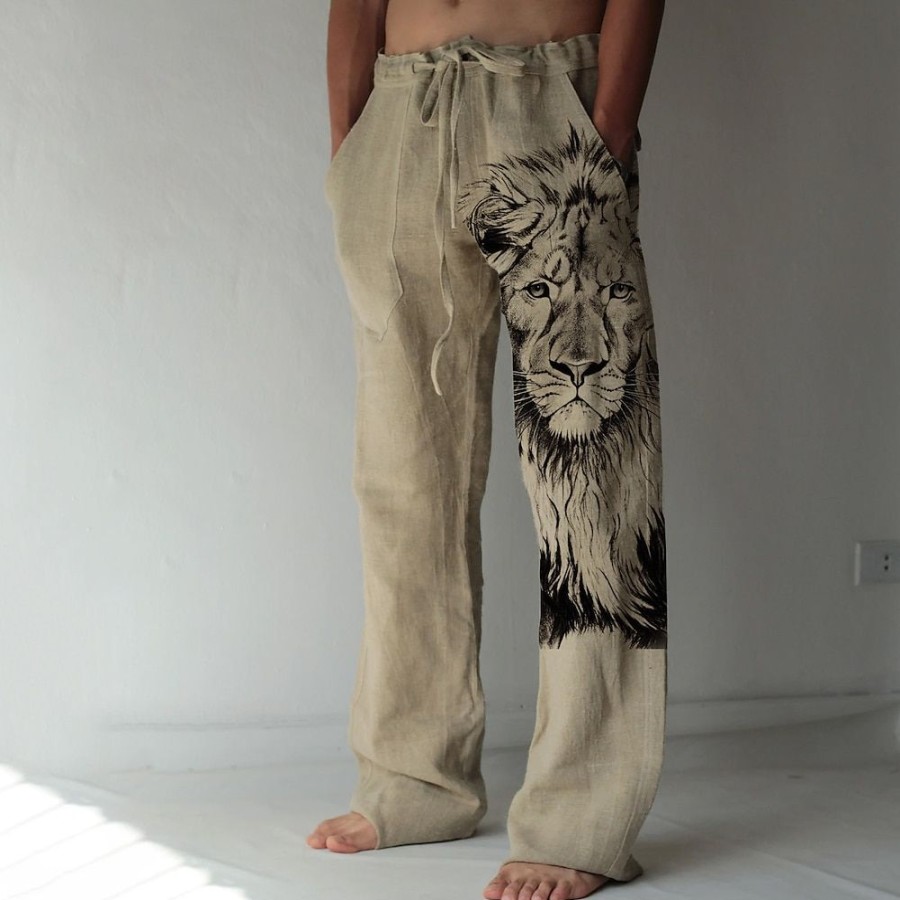 Boutique De Linge LITB | Homme Pantalon En Lin Pantalon Pantalon Ete Pantalon De Plage Cordon Taille Elastique Impression 3D Animal Lion Imprimes Photos Confort Casual Du Quotidien Vacances 20% Lin Vetement De Rue Hawaien