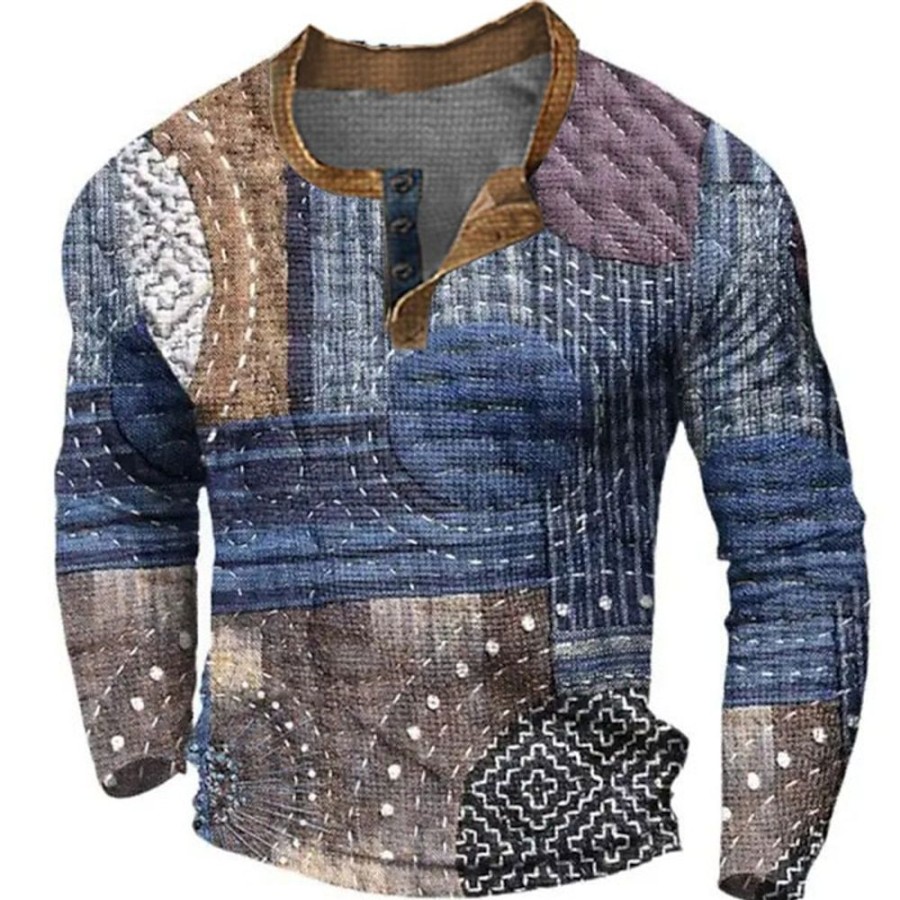 T-Shirts Et Debardeurs Pour Hommes LITB | Graphic Bloc De Couleur Mosaique Design Decontractees Millesime Retro Homme 3D Effet Chemise Henley Shirt T-Shirt Gaufre Sport Exterieur Vacances Festival T-Shirt Manche Longue Henley