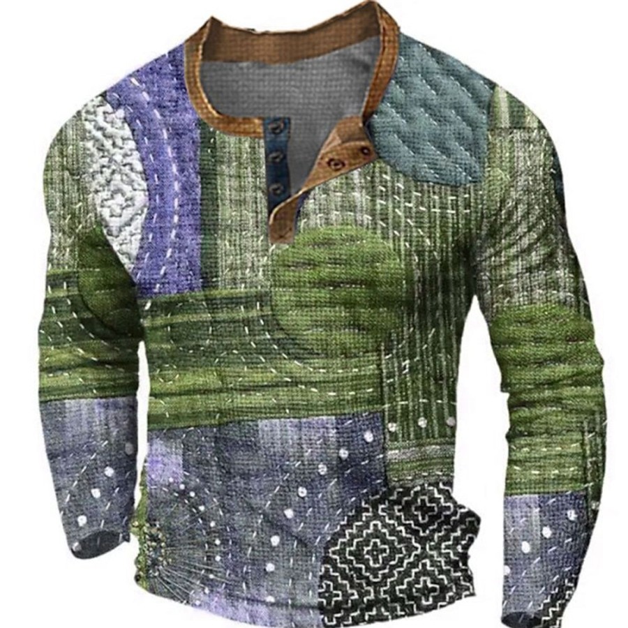 T-Shirts Et Debardeurs Pour Hommes LITB | Graphic Bloc De Couleur Mosaique Design Decontractees Millesime Retro Homme 3D Effet Chemise Henley Shirt T-Shirt Gaufre Sport Exterieur Vacances Festival T-Shirt Manche Longue Henley