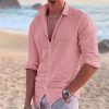 Boutique De Linge LITB | Chemise En Lin Pour Hommes Couleur Unie Rabat Rue Decontracte Boutonne A Manches Longues Hauts Mode Decontractee Respirant Confortable Rose