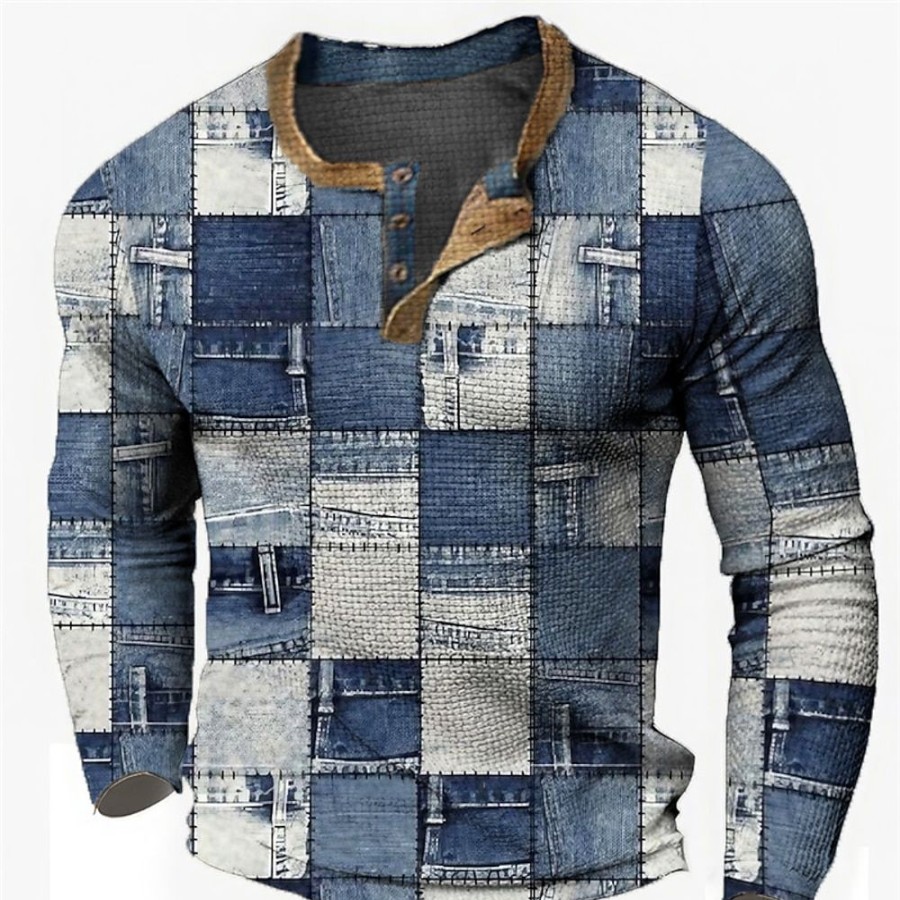 T-Shirts Et Debardeurs Pour Hommes LITB | Graphic Plaid Design Decontractees Millesime Retro Homme 3D Effet Chemise Henley Shirt T-Shirt Gaufre Sport Exterieur Vacances Festival T-Shirt Ciel Marine Manche Longue Henley