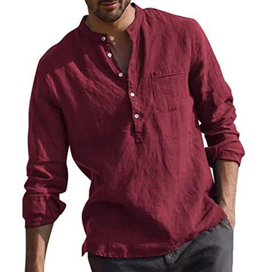 Chemises Pour Hommes LITB | Chemise Chemise Lin Homme Maroon Chemise Couleur Unie Col V Manches Longues Chemises A Col Normal Du Quotidien Vacances Fin De Semaine Standard Melange De Coton