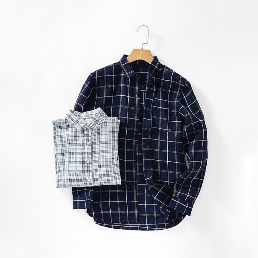 Boutique De Linge LITB | Homme Chemise Chemise Lin Chemise Decontractee Manche Longue Tartan Revers Printemps & Automne Casual Du Quotidien Vetement Tenue Poche Avant