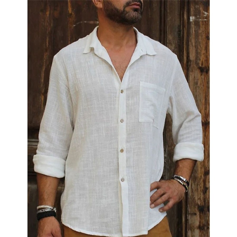 Chemises Pour Hommes LITB | Homme Chemise Chemise Lin Chemise Boutonnee Chemise De Plage Manche Longue Plein Revers Printemps Ete Casual Du Quotidien Vetement Tenue Poche Avant Blanche