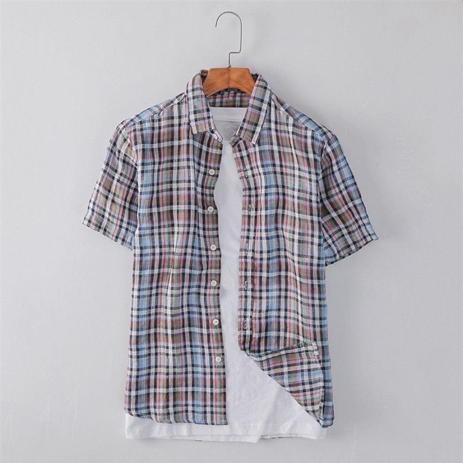 Boutique De Linge LITB | Homme Chemise Chemise Lin Chemise Decontractee Chemisette Chemise D Ete Manche Courte Plaid Revers Ete Casual Du Quotidien Vetement Tenue Bouton Marron