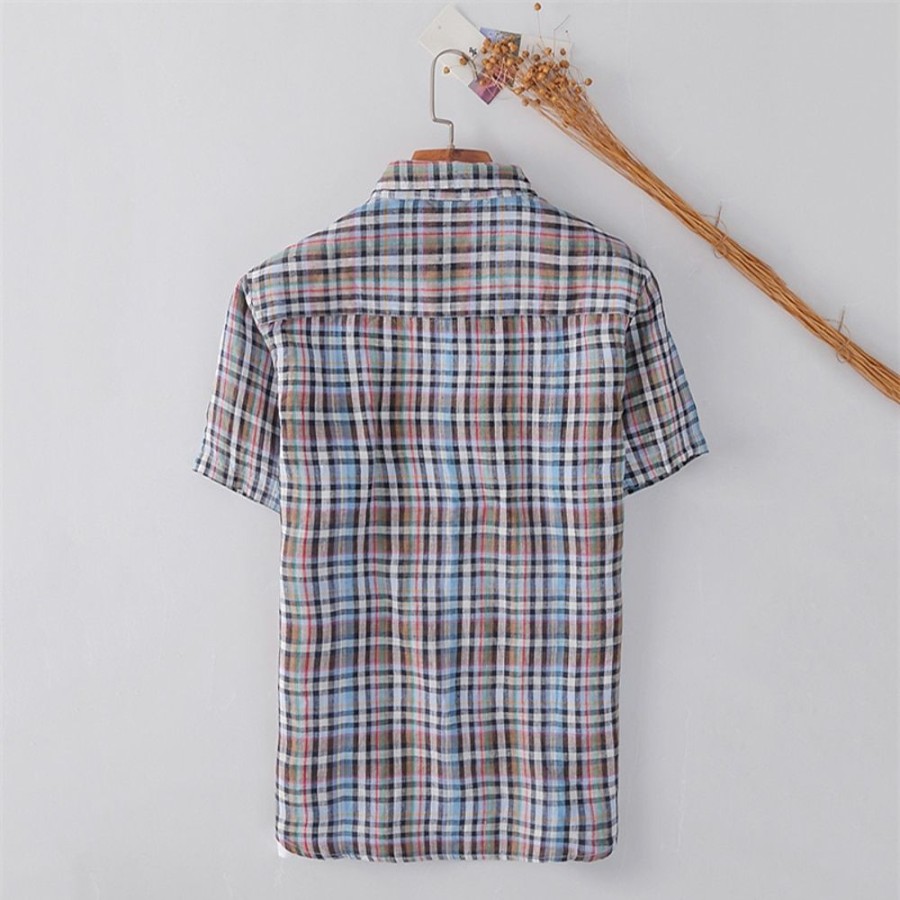 Boutique De Linge LITB | Homme Chemise Chemise Lin Chemise Decontractee Chemisette Chemise D Ete Manche Courte Plaid Revers Ete Casual Du Quotidien Vetement Tenue Bouton Marron