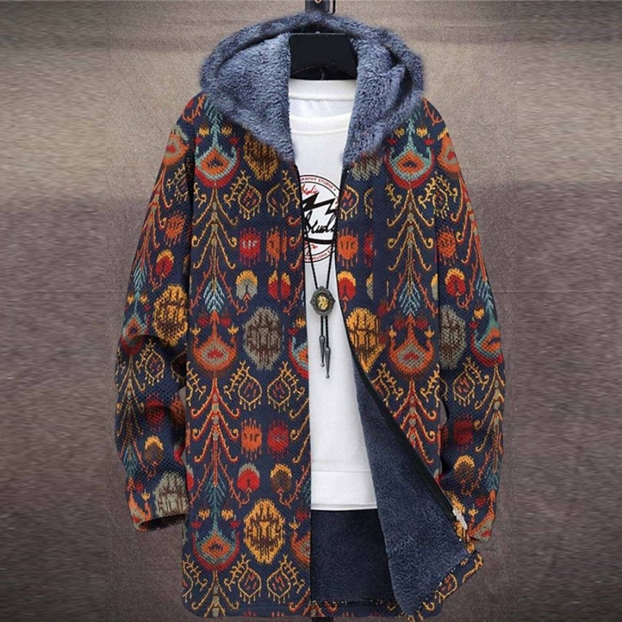 Vetements D'Exterieur Pour Hommes LITB | Impression Bandana Retro Vintage Tribal Homme Veste Polaire Manteau Veste A Capuche Usage Quotidien Sortie Automne Hiver Capuche Manche Longue S M L Polyester Veste Bleu Marine