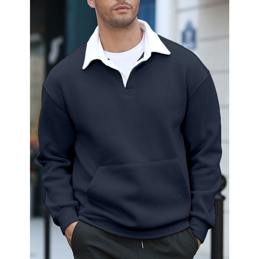 Sweats A Capuche Et Sweat-Shirts LITB | Homme Sweat Shirt Revers Bloc De Couleur Patchwork Sport & Loisir Du Quotidien Vacances Vetement De Rue Basique Decontractees Printemps & Automne Vetement Tenue Pulls Capuche Pulls Bleu Marine