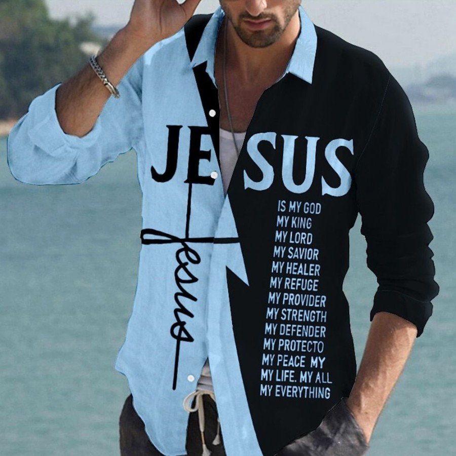 Chemises Pour Hommes LITB | Chemise Homme Chemise En Lin Lettre Graphiquecross Jesus Cou Ure Blanc Rose Exterieur Rue Manches Longues Imprime Vetements Vetements Chemise En Lin Mode Streetwear Designer