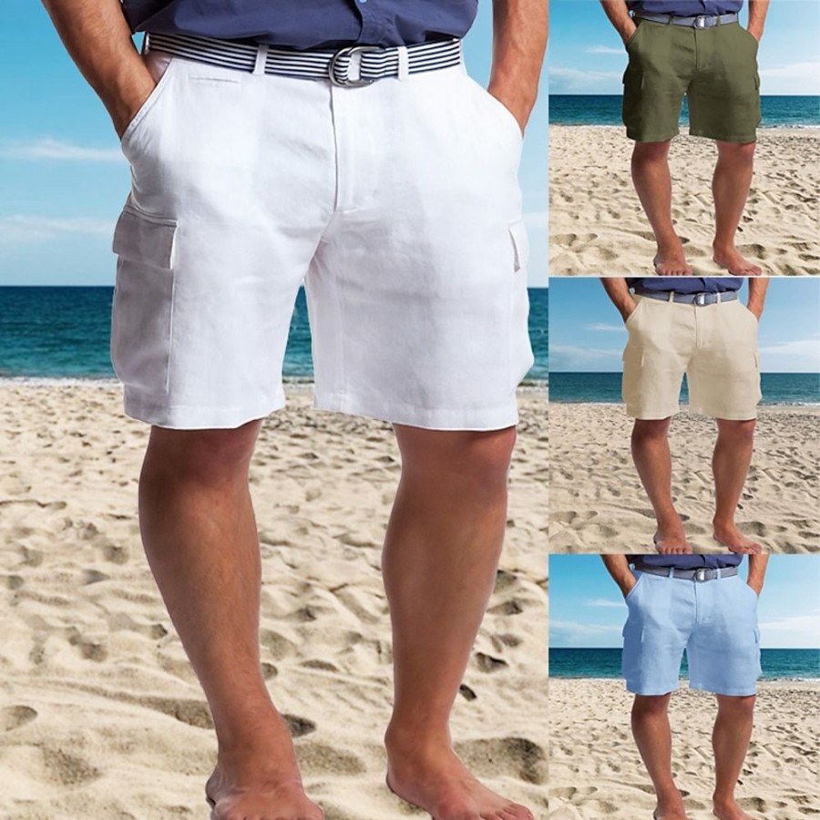 Bas Pour Hommes LITB | Homme Short Short En Lin Short D Ete Short De Plage Multi Poche Jambe Droite Plein Confort Respirable Court Casual Du Quotidien Vacances Melange De Lin & Coton Mode Design