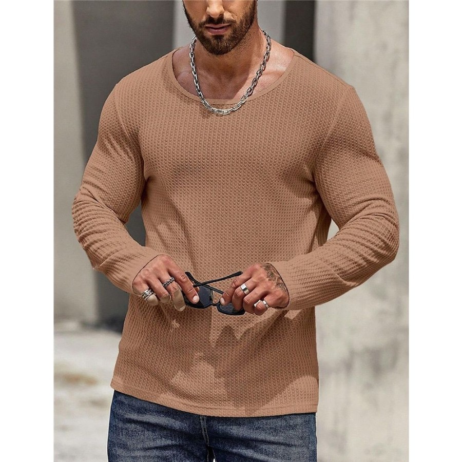 T-Shirts Et Debardeurs Pour Hommes LITB | Homme T Shirt Tee Chemise Gaufree T-Shirt Chemise A Manches Longues Plein Col Ras Du Cou Plein Air Vacances Manche Longue Vetement Tenue Mode Design Basique