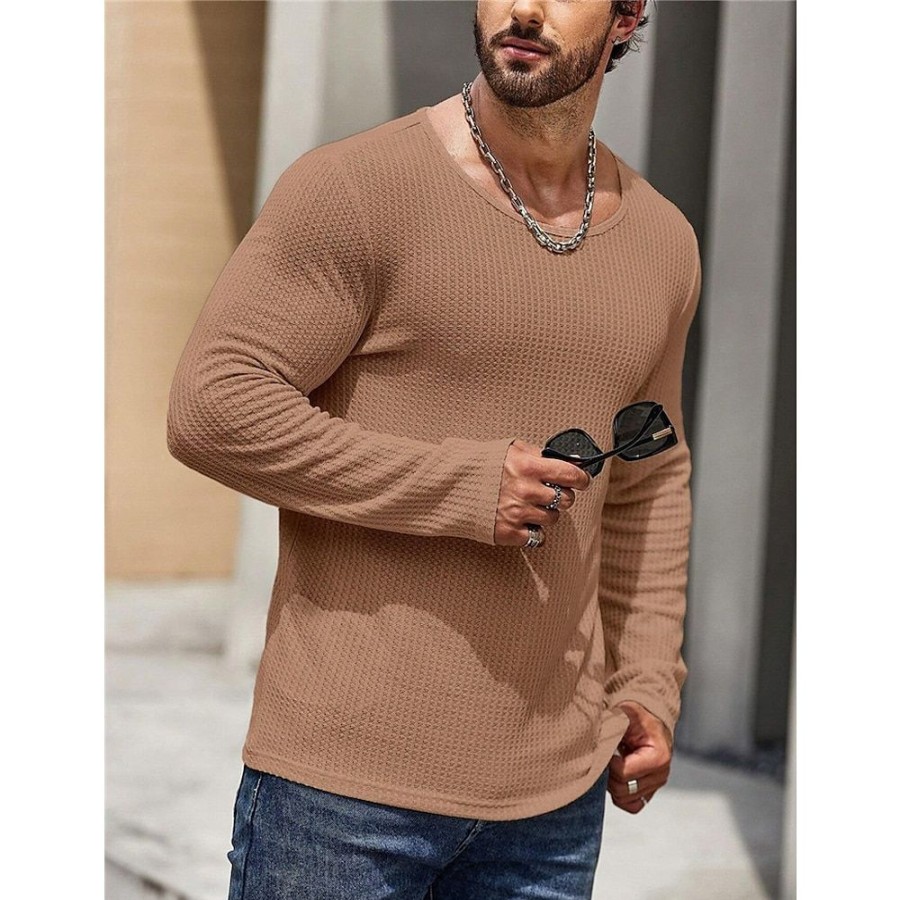 T-Shirts Et Debardeurs Pour Hommes LITB | Homme T Shirt Tee Chemise Gaufree T-Shirt Chemise A Manches Longues Plein Col Ras Du Cou Plein Air Vacances Manche Longue Vetement Tenue Mode Design Basique