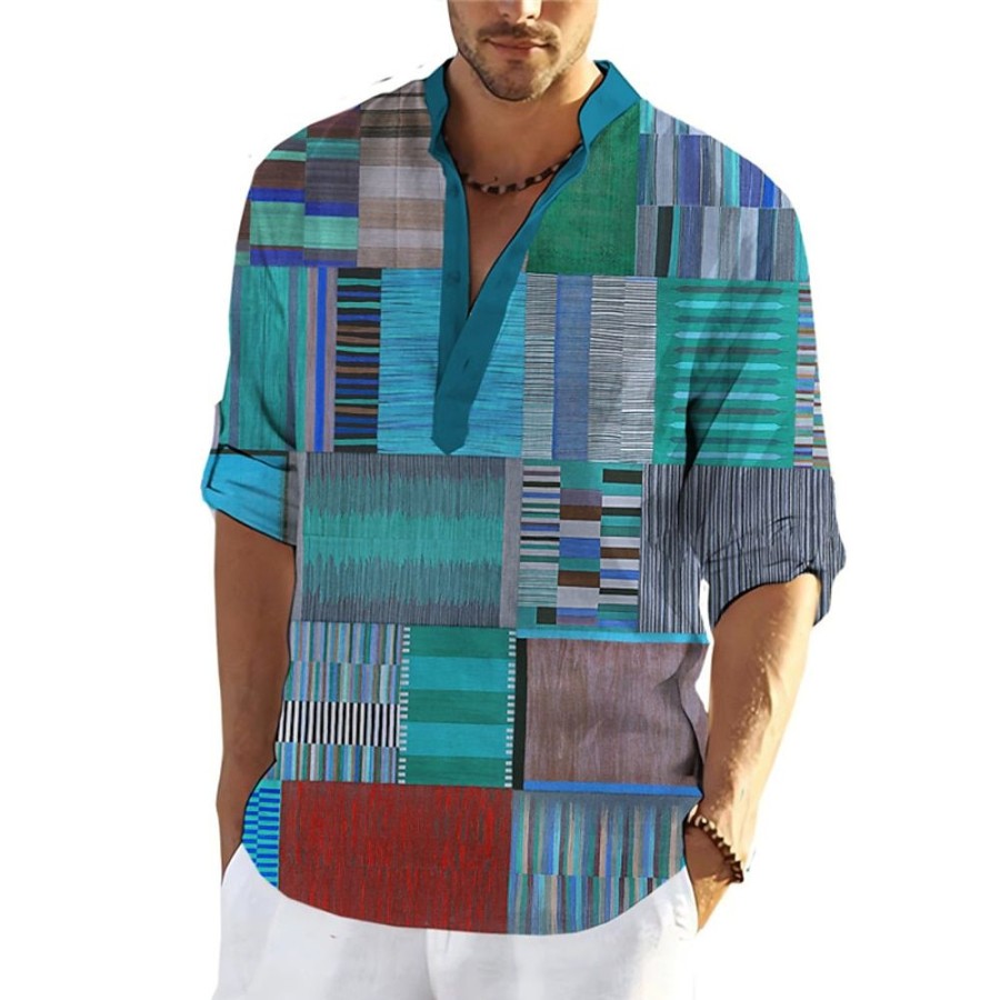 Chemises Pour Hommes LITB | Homme Chemise Chemise Lin Bloc De Couleur Tartan Imprimes Photos Geometrie Mao Exterieur Plein Air Manche Longue Imprimer Vetement Tenue Lin Mode Vetement De Rue Design