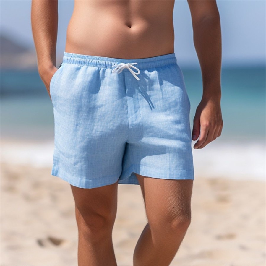 Bas Pour Hommes LITB | Homme Short Short En Lin Short D Ete Cordon Taille Elastique Jambe Droite Plein Confort Respirable Au Dessus Des Genoux Casual Du Quotidien Vacances Melange De Lin & Coton Mode Style Classique Bleu