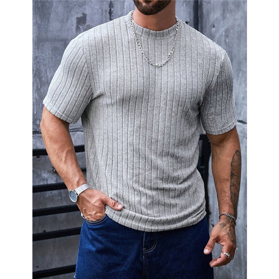 T-Shirts Et Debardeurs Pour Hommes LITB | Homme T Shirt Tee T-Shirt En Tricot T-Shirt Plein Bande De Fosse Col Ras Du Cou Plein Air Vacances Manches Courtes Tricote Vetement Tenue Mode Design Basique Gris