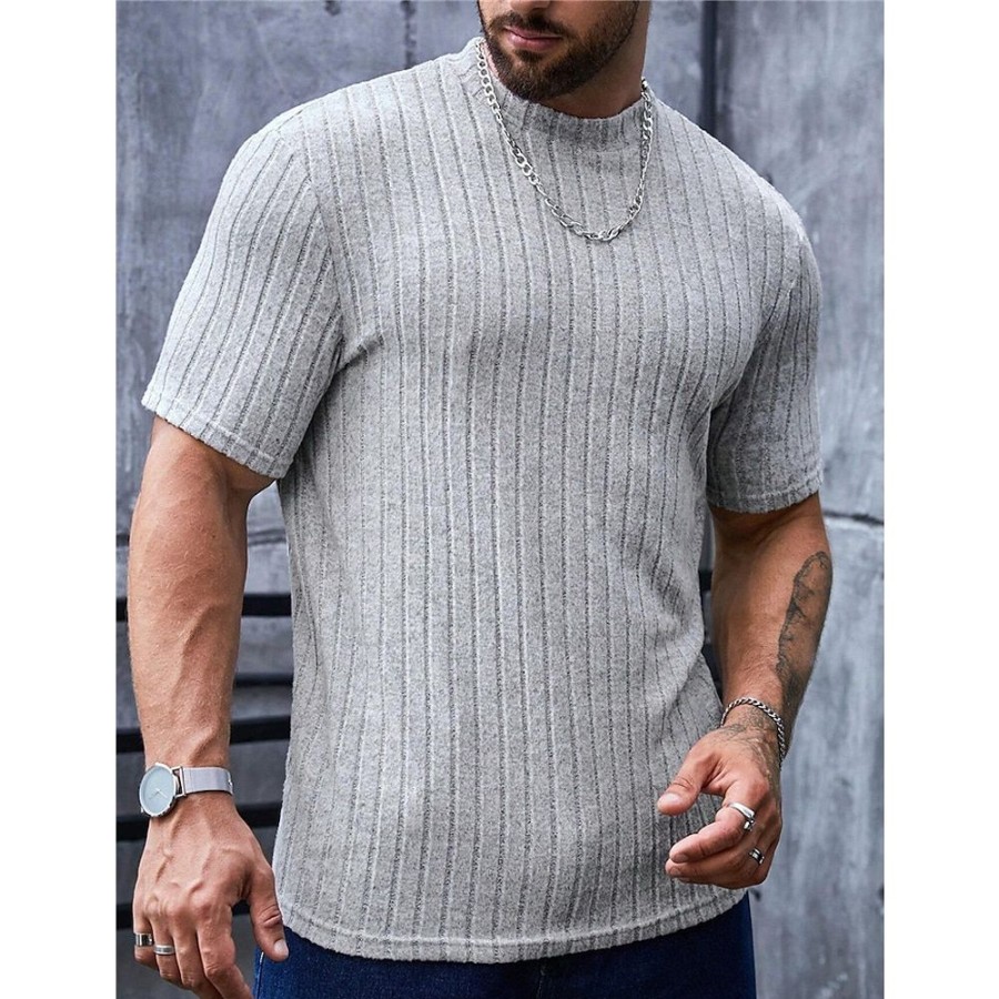 T-Shirts Et Debardeurs Pour Hommes LITB | Homme T Shirt Tee T-Shirt En Tricot T-Shirt Plein Bande De Fosse Col Ras Du Cou Plein Air Vacances Manches Courtes Tricote Vetement Tenue Mode Design Basique Gris