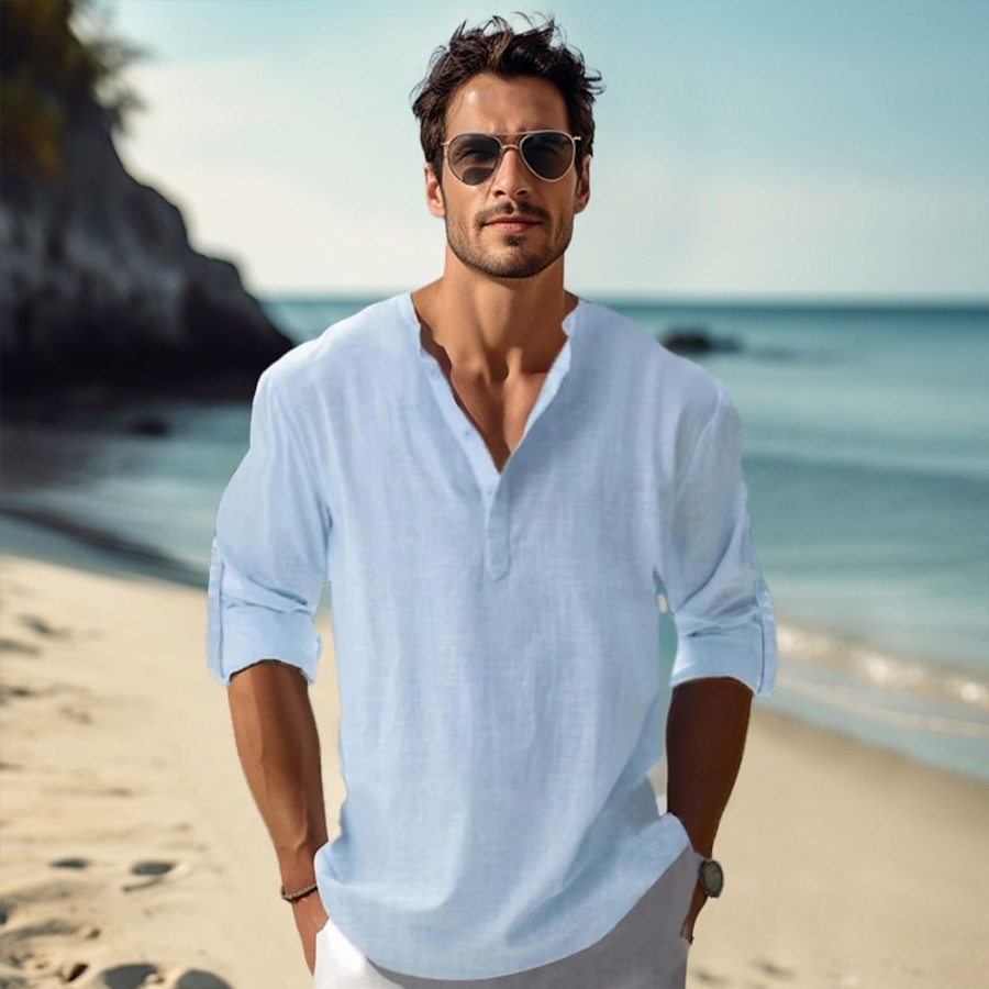 Boutique De Linge LITB | Homme Chemise Lin Chemise Decontractee Chemise De Plage Chemise Henley Shirt Manche Longue Plein Henley Printemps Ete Hawaien Vacances Vetement Tenue