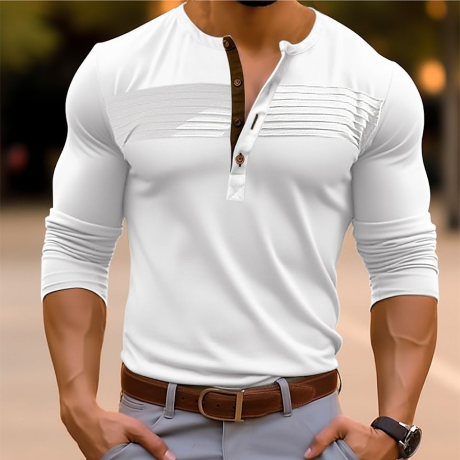 T-Shirts Et Debardeurs Pour Hommes LITB | Homme Chemise Henley Shirt T-Shirt Chemise A Manches Longues Plein Mince Plisse Henley Plein Air Vacances Manche Longue Vetement Tenue Mode Design Basique