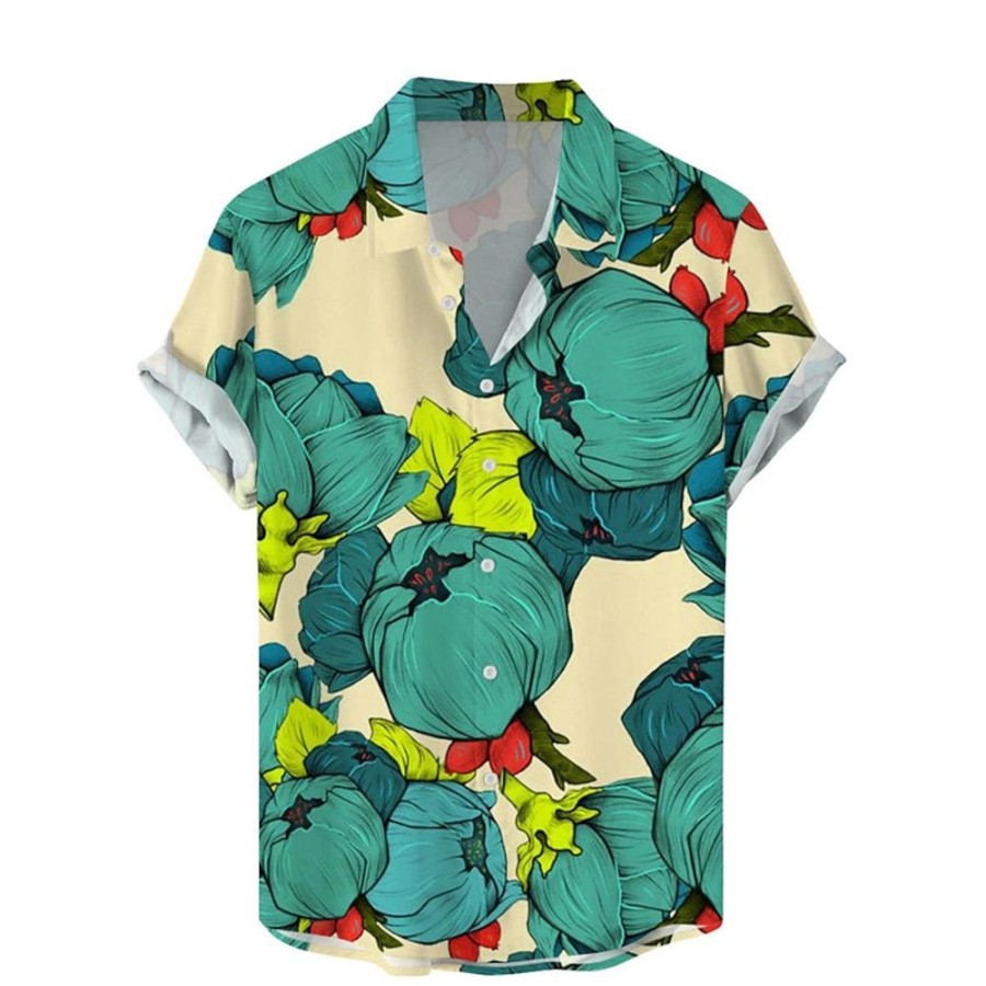 Chemises Pour Hommes LITB | Floral Decontractees Homme Chemise Usage Quotidien Sortie Fin De Semaine Automne Col Rabattu Manches Courtes S, M, L Tissu Extensible Dans Les 4 Sens Chemise Vert