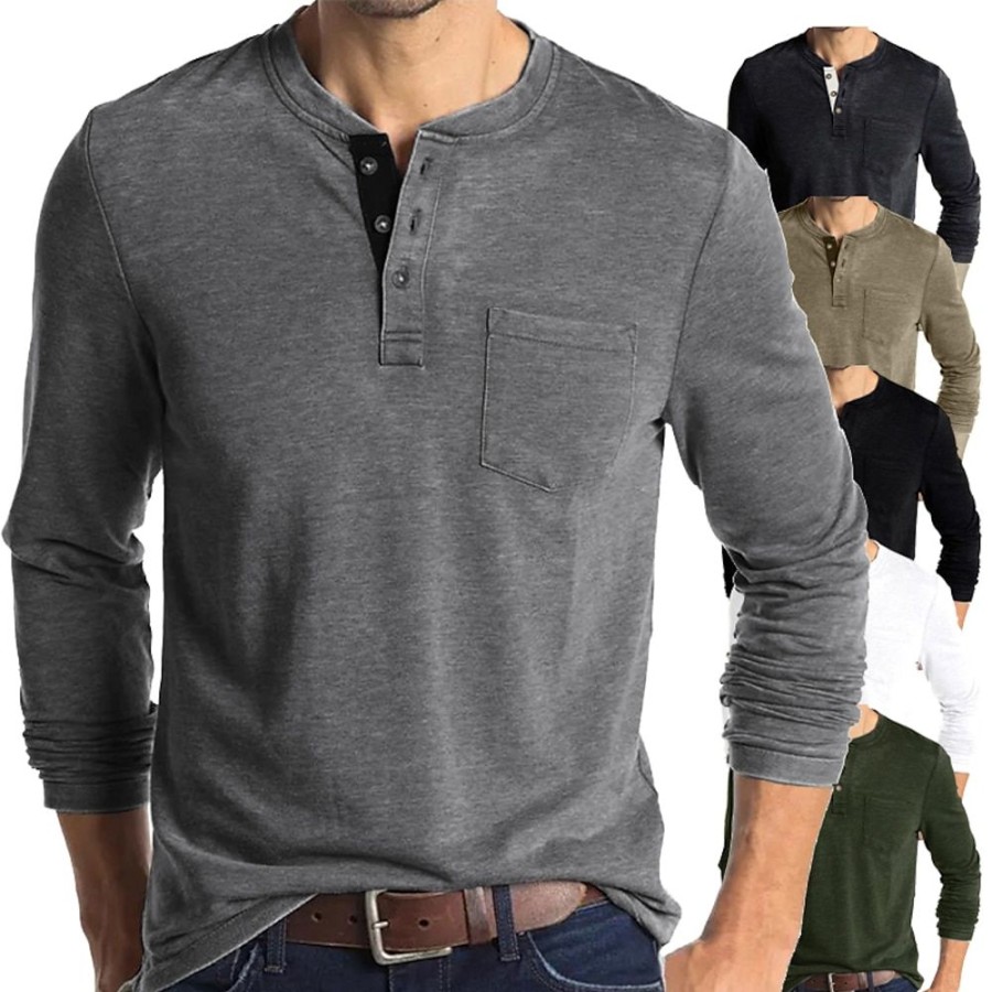 T-Shirts Et Debardeurs Pour Hommes LITB | Homme T Shirt Tee Chemise Henley Shirt Manches Longues Fonce Couleur Unie Mao Casual Du Quotidien Bouton Bas Vetements Leger Casual Classique