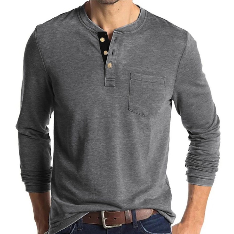 T-Shirts Et Debardeurs Pour Hommes LITB | Homme T Shirt Tee Chemise Henley Shirt Manches Longues Fonce Couleur Unie Mao Casual Du Quotidien Bouton Bas Vetements Leger Casual Classique