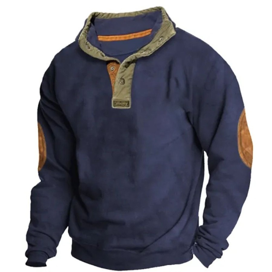 Sweats A Capuche Et Sweat-Shirts LITB | Homme Sweat Shirt Henley Plein Patchwork Poche Sport & Loisir Du Quotidien Vacances Vetement De Rue Basique Decontractees Printemps & Automne Vetement Tenue Pulls Capuche Pulls Molletonnes Bleu