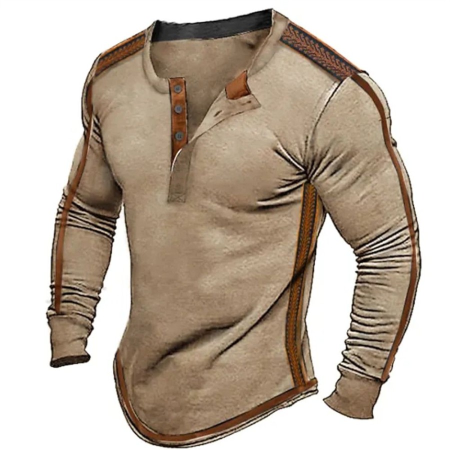 T-Shirts Et Debardeurs Pour Hommes LITB | Homme T Shirt Tee Chemise Henley Shirt T-Shirt Chemise A Manches Longues Bloc De Couleur Henley Plein Air Vacances Manche Longue Patchwork Vetement Tenue Retro Vintage Design Basique Kaki