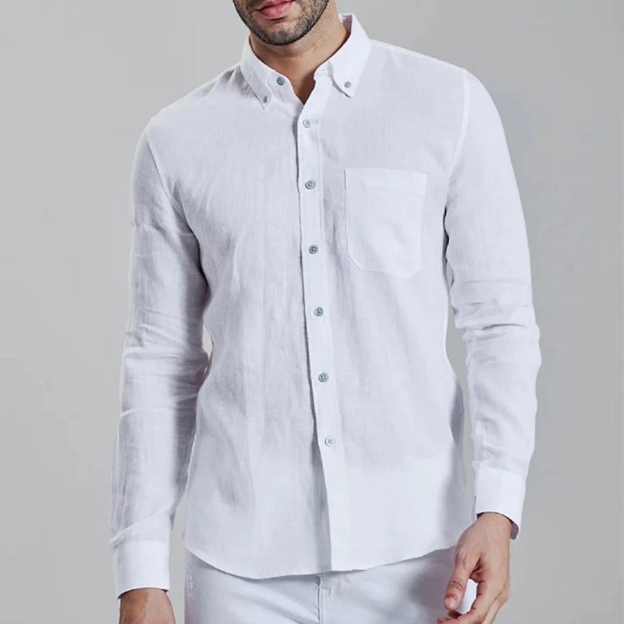 Chemises Pour Hommes LITB | Homme Chemise Chemise Lin Chemise Boutonnee Chemise Decontractee Ciel Manche Longue Plein Boutonne Sous Patte Printemps & Automne Casual Du Quotidien Vetement Tenue Poche Avant