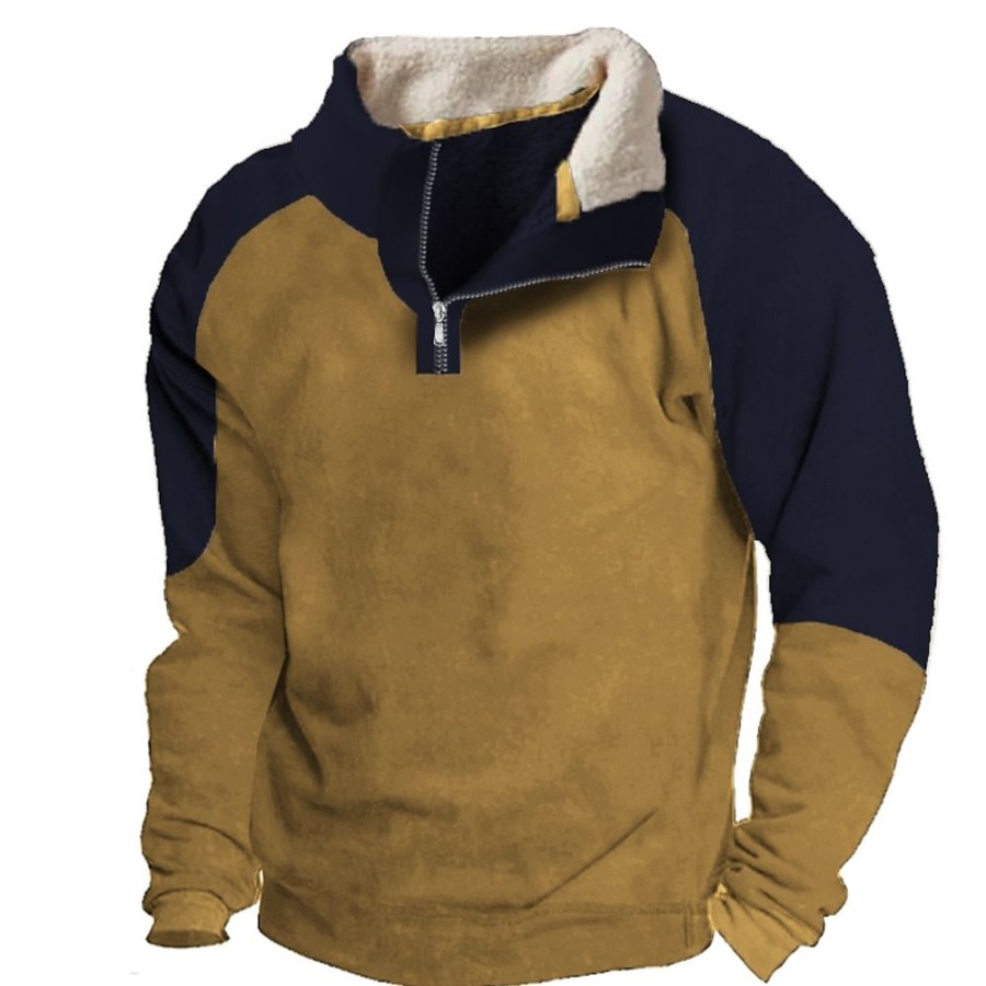 Sweats A Capuche Et Sweat-Shirts LITB | Homme Sweat Shirt Col Mao Bloc De Couleur Patchwork Poche Sport & Loisir Du Quotidien Vacances Vetement De Rue Basique Decontractees Automne Hiver Vetement Tenue Pulls Capuche Pulls Molletonnes Kaki