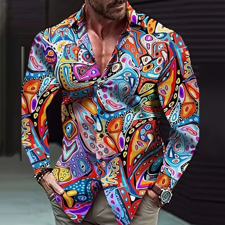 Chemises Pour Hommes LITB | Bloc De Couleur Artistique Abstrait Homme Chemise Exterieur Plein Air Casual Quotidien Automne Hiver Col Rabattu Manche Longue S M L Chemise Bleu