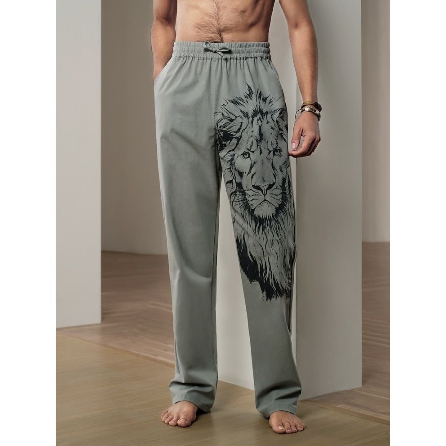 Boutique De Linge LITB | Homme Pantalon En Lin Pantalon Pantalon De Plage Cordon Taille Elastique Impression 3D Animal Lion Imprimes Photos Confort Casual Du Quotidien Vacances Melange De Lin & Coton 20% Lin Vetement De Rue