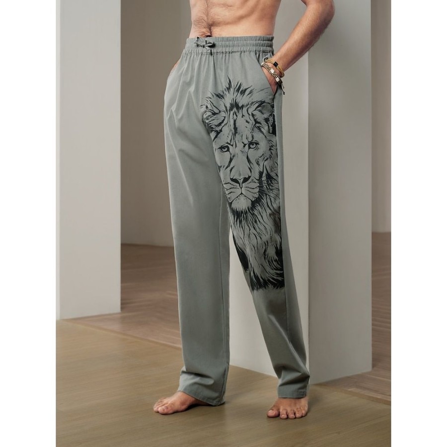 Boutique De Linge LITB | Homme Pantalon En Lin Pantalon Pantalon De Plage Cordon Taille Elastique Impression 3D Animal Lion Imprimes Photos Confort Casual Du Quotidien Vacances Melange De Lin & Coton 20% Lin Vetement De Rue