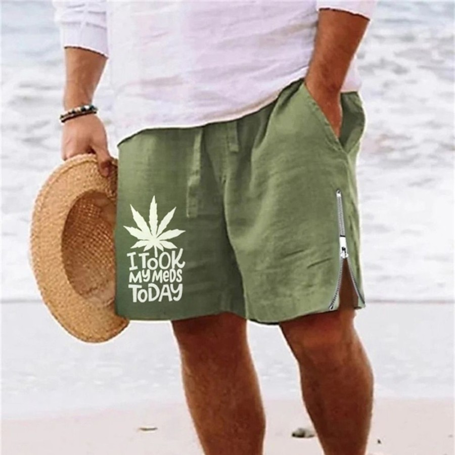 Bas Pour Hommes LITB | Homme Short Short D Ete Short De Plage Imprimer Zippe Cordon Feuille Lettre Confort Respirable Court Du Quotidien Vacances Sortie Melange De Coton Hawaien Decontractees