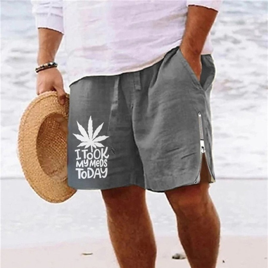 Bas Pour Hommes LITB | Homme Short Short D Ete Short De Plage Imprimer Zippe Cordon Feuille Lettre Confort Respirable Court Du Quotidien Vacances Sortie Melange De Coton Hawaien Decontractees