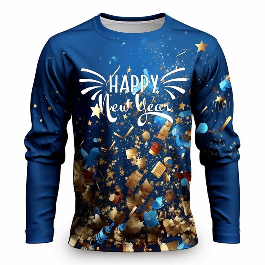 T-Shirts Et Debardeurs Pour Hommes LITB | Graphic Lettre Feux D Artifice Mode Design Decontractees Homme 3D Effet T Shirt Tee Sport Exterieur Vacances Sortie Nouvel An T-Shirt Manche Longue Col Ras Du Cou Chemise Printemps & Automne Bleu