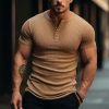 T-Shirts Et Debardeurs Pour Hommes LITB | Homme Chemise Henley Shirt T-Shirt A Col En Tricot Cotele Pour Homme T-Shirt Plein Bande De Fosse Henley Plein Air Vacances Manches Courtes Vetement Tenue Mode Design Basique Marron