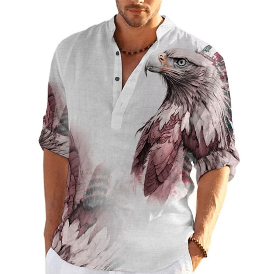 Boutique De Linge LITB | Homme Chemise Chemise Lin Animal Imprimes Photos Aigle Mao Exterieur Plein Air Manche Longue Imprimer Vetement Tenue Lin Mode Vetement De Rue Design Decontractees