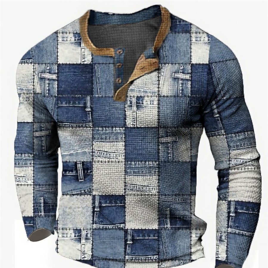 T-Shirts Et Debardeurs Pour Hommes LITB | Graphic Plaid Design Decontractees Millesime Retro Homme 3D Effet Chemise Henley Shirt T-Shirt Gaufre Sport Exterieur Vacances Festival T-Shirt Ciel Marine Manche Longue Henley