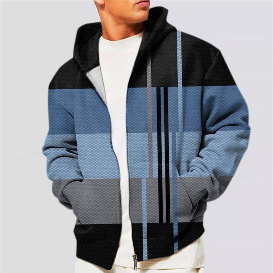 Sweats A Capuche Et Sweat-Shirts LITB | Sweat A Capuche A Carreaux Pour Hommes, Veste Zippee Complete, , , , A Capuche, Imprimes De Blocs De Couleurs, Fermeture Eclair, Sport& Exterieur Quotidien 3D Streetwear Plaid