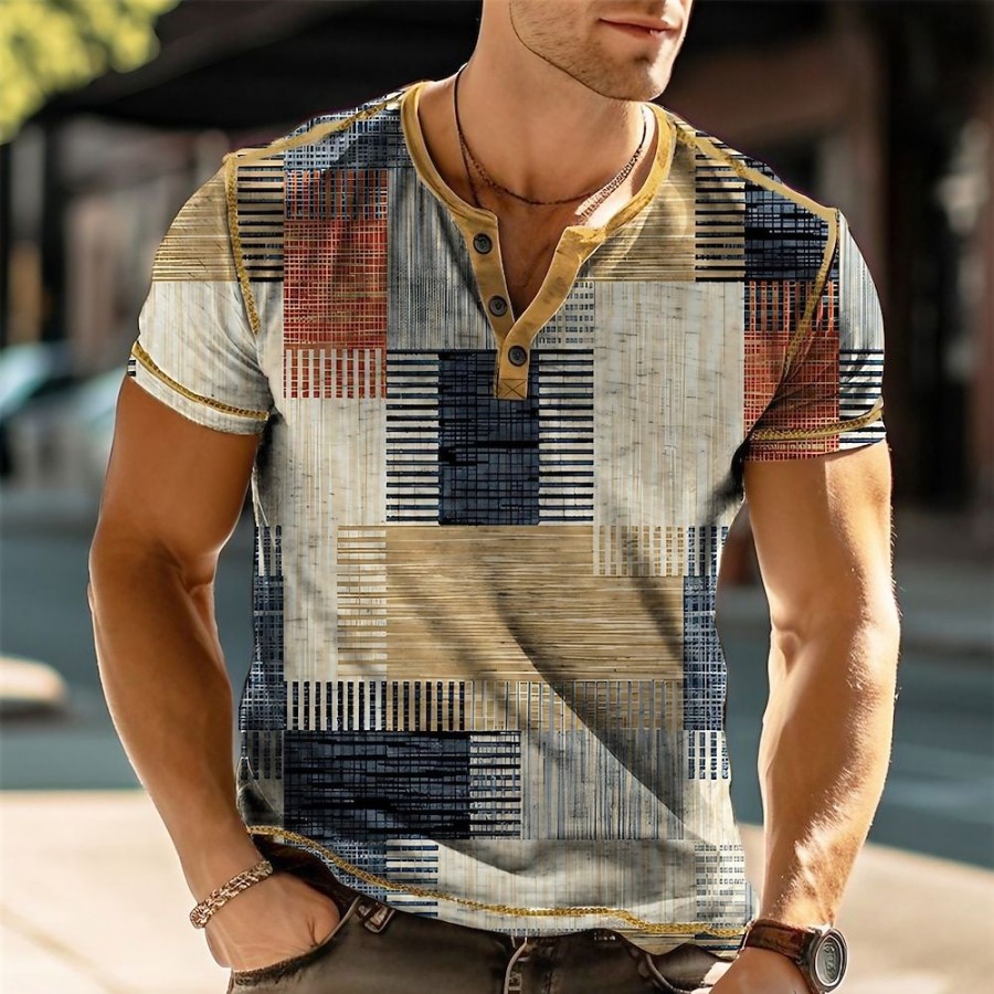 T-Shirts Et Debardeurs Pour Hommes LITB | Homme Chemise Henley Shirt Graphic Plaid Bloc De Couleur Henley Vetement Tenue 3D Effet Exterieur Du Quotidien Manche Courte Bouton Bas Imprimer Mode Design Confortable