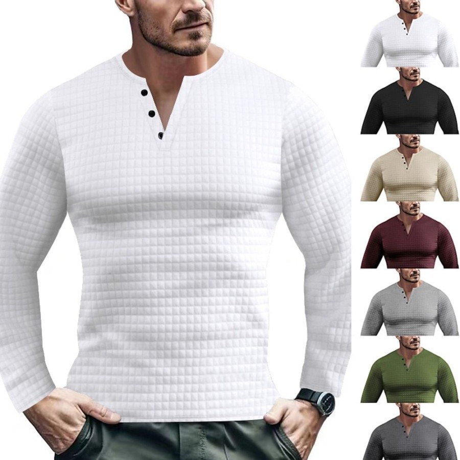 T-Shirts Et Debardeurs Pour Hommes LITB | Homme T Shirt Tee Chemise Henley Shirt T-Shirt En Tricot Gaufre T-Shirt Chemise A Manches Longues Plein Henley Plein Air Vacances Manche Longue Vetement Tenue Mode Design Basique