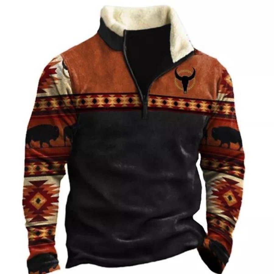 Sweats A Capuche Et Sweat-Shirts LITB | Homme Sweat Zippe Sweat Demi Fermeture Eclair Graphic Tribal Imprimer Sport & Loisir Casual Du Quotidien 3D Effet Polaire Vetement De Rue Design Polaire Fine Automne Hiver Vetement Tenue Pulls Orange