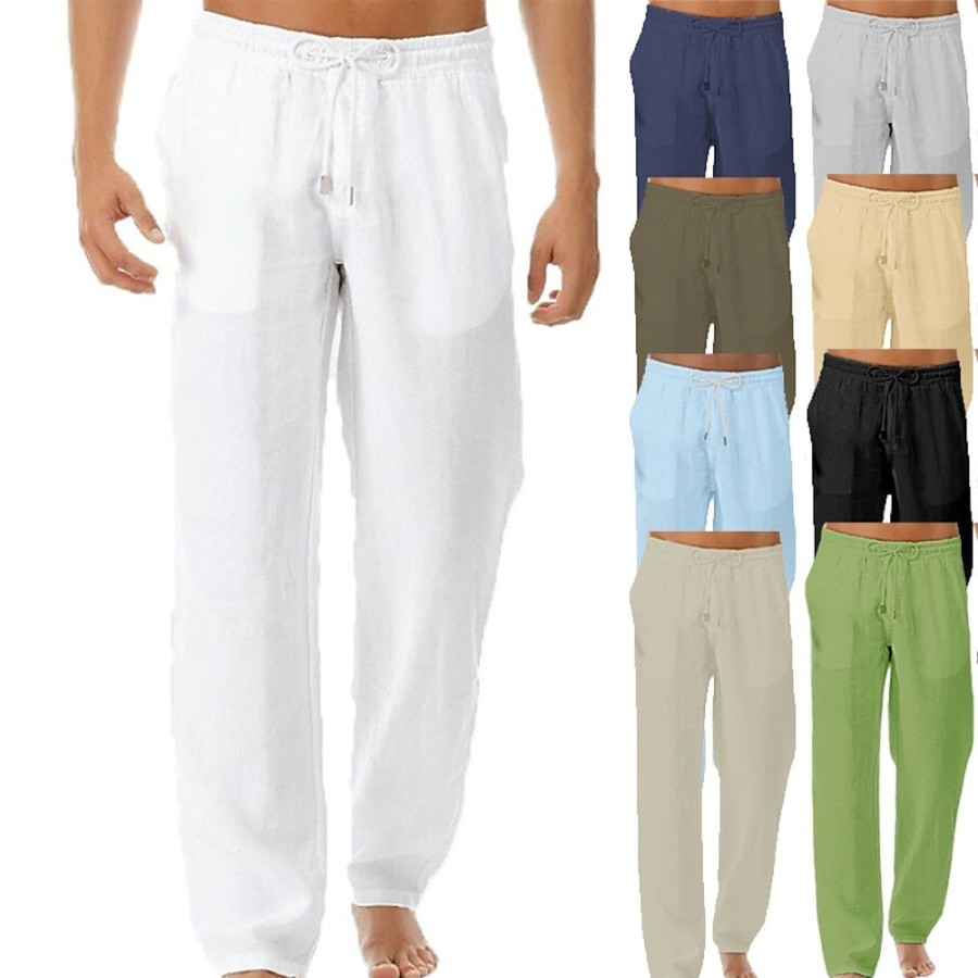 Bas Pour Hommes LITB | Homme Pantalon En Lin Pantalon Pantalon De Plage Cordon Ceinture Elastique Basique A La Mode Sportif Du Quotidien Micro-Elastique 100% Coton Confort Respirable Exterieur Plein Couleur Pleine