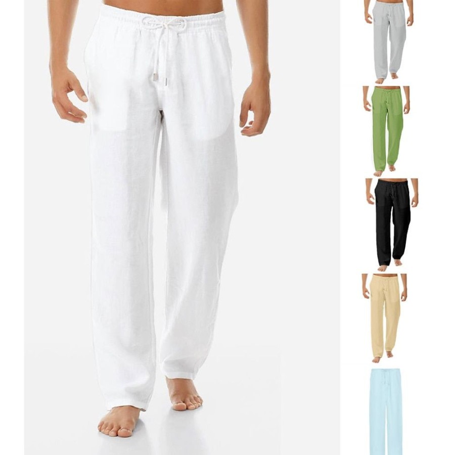 Bas Pour Hommes LITB | Homme Pantalon En Lin Pantalon Pantalon De Plage Cordon Ceinture Elastique Basique A La Mode Sportif Du Quotidien Micro-Elastique 100% Coton Confort Respirable Exterieur Plein Couleur Pleine