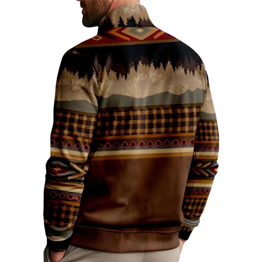 Sweats A Capuche Et Sweat-Shirts LITB | Graphic Tartan Homme Du Quotidien Sweat Shirt Vacances Sortie Sweats Manche Longue Quarter Zip Imprimer Printemps & Automne Designer Sweat A Capuche Marron