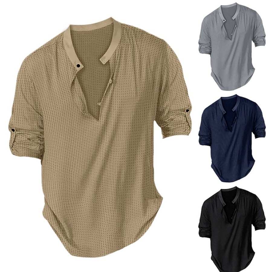 T-Shirts Et Debardeurs Pour Hommes LITB | Homme Chemise Henley Gaufree Chemise Henley Shirt T-Shirt Plein Henley Plein Air Vacances Manches Courtes Vetement Tenue Mode Design Basique