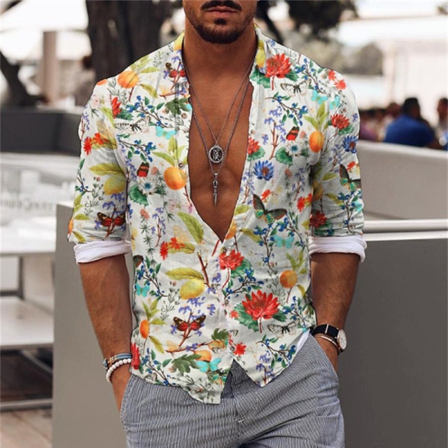 Chemises Pour Hommes LITB | Homme Chemise Floral Col Rabattu Casual Vacances Manche Longue Bouton Bas Imprimer Vetement Tenue Mode Design Decontractees Confortable