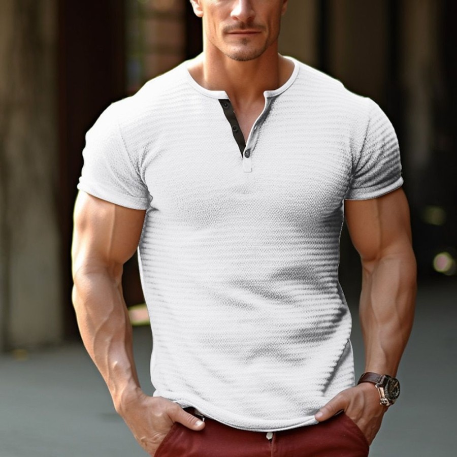 T-Shirts Et Debardeurs Pour Hommes LITB | Homme Chemise Henley Shirt T-Shirt En Tricot Gaufre T-Shirt Plein Henley Plein Air Vacances Manches Courtes Vetement Tenue Mode Design Basique