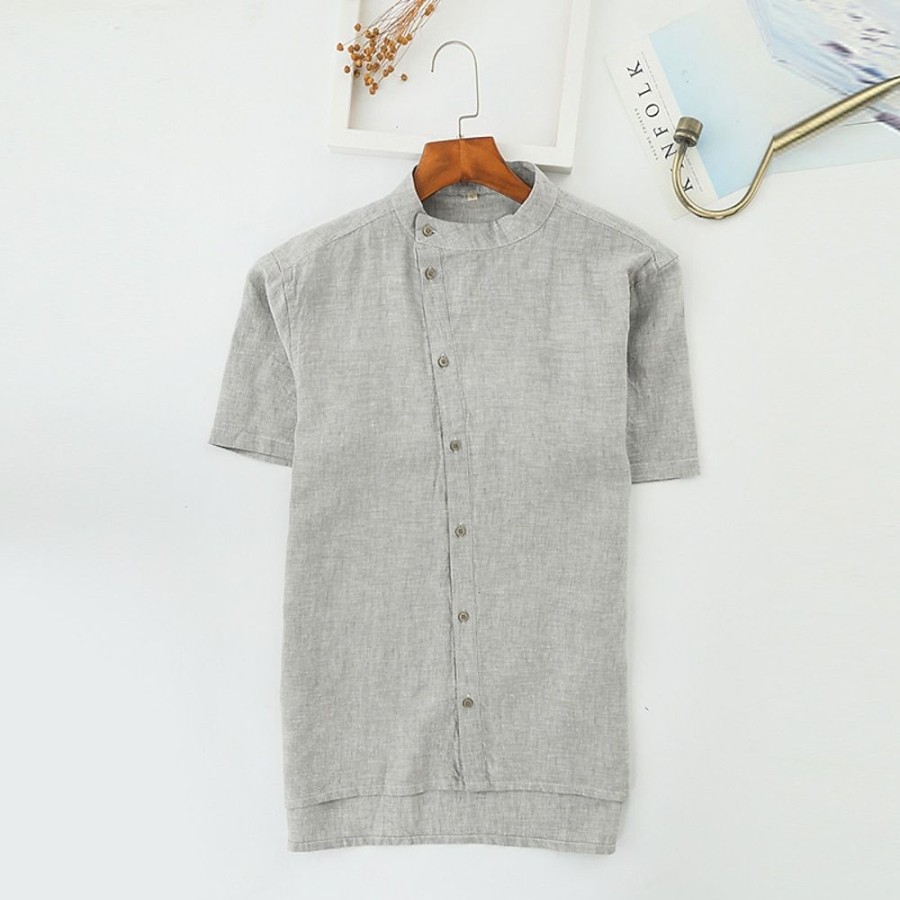 Boutique De Linge LITB | Homme Chemise Chemise Lin Chemise Decontractee Chemisette Chemise D Ete Manche Courte Plein Mao Ete Casual Du Quotidien Vetement Tenue Bouton Gris