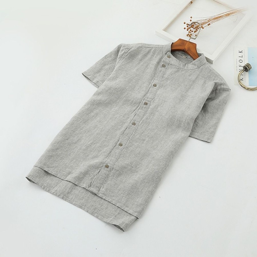 Boutique De Linge LITB | Homme Chemise Chemise Lin Chemise Decontractee Chemisette Chemise D Ete Manche Courte Plein Mao Ete Casual Du Quotidien Vetement Tenue Bouton Gris